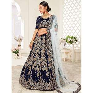 Azul Marino terciopelo bordado nupcial Lehenga Choli fascinante vestido de novia - Product Image 6