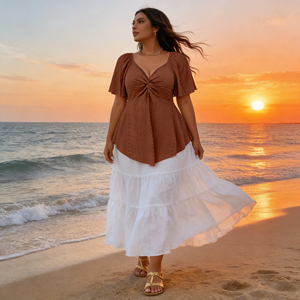 Oferta especial en Temu: Blusa para mujer de talla grande, color marrón, con cuello en V, manga corta, dobladillo asimétrico, estilo túnica informal y fluida. - Product Image 1