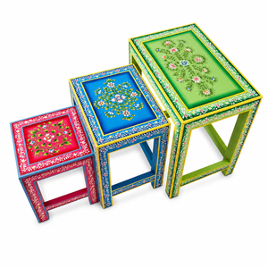Hand Painted Nested Side <b>Table</b> <b>Set</b> Floral Wooden Nesting <b>Tables</b> Decorative Living Room Furniture - Product Image 3