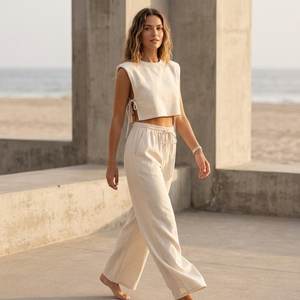 100% <b>Linen</b> Solid Washed Sweet Pleated Vintage Summer Daily Wear Beading Co-ord <b>Set</b> Women Regular Fit Short Shirt Full Length - Product Image 5