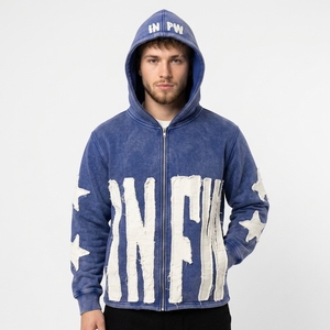Sudadera con capucha completa con cremallera Y2K para hombre, 360 gramos, 100% algodón, con apliques 3D, efecto desgastado, teñido en prenda y logotipo personalizado - Product Image 2