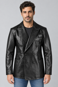 <b>Men's</b> Luxury Black <b>Leather</b> <b>Blazer</b> Double Breasted Wide Peak Lapel Elegant Business Formal Suit Jacket OEM Wholesale Supplier - Product Image 3