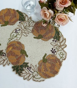 Elegant <b>Beaded</b> Floral <b>Placemat</b> with Pumpkin Motif Handmade Seed Bead Table Mat Autumn Harvest Thanksgiving Dining Decor - Product Image 2