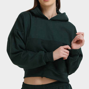 Sweat-shirt à capuche court vert foncé pour femme, hiver, éco-responsable, décontracté, manches longues, avec cordon de serrage - Product Image 5