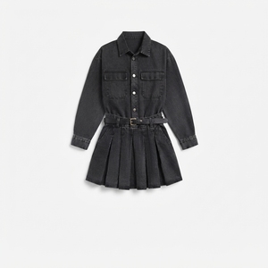 Womens Denim Shirt Dress With Belt <b>Long</b> Sleeve Pleated <b>Skirt</b> Solid Color Casual Stonewashed Autumn Style - Product Image 6