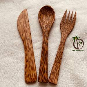 Ensemble de couverts réutilisables en bois de coco, écologiques, cuillère, fourchette, couteau, fabrication en usine - Product Image 1