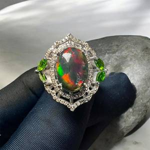Natural Black Opal Green Tourmaline Cabochon Cocktail <b>Ring</b> in 925 Sterling <b>Silver</b> with Prong Setting Rhodium Plated Luxury Style - Product Image 3