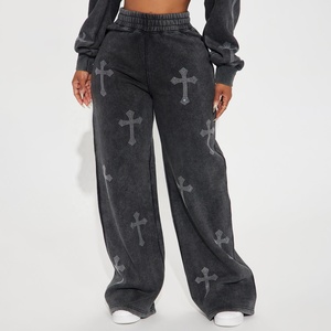 Conjunto de Sudadera Oversize con Efecto Ácido y Pantalones Anchos para Mujer, con Estampado de Cruz de Pedrería, Chándal de 2 Piezas - Product Image 4