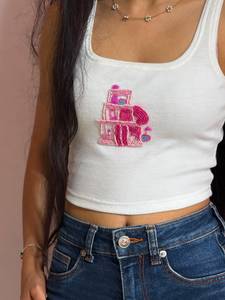 <b>Red</b> Crab Animal Beaded Embroidery Ribbed Cotton Tank <b>Top</b> Women Summer Sleeveless <b>Crop</b> Shirt Commercial Supplier - Product Image 6