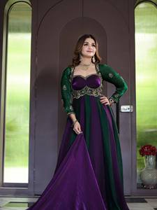 Purple Green Embroidered 2-Piece <b>Women's</b> Abaya Set V-neck Loose Fit <b>Velvet</b> Long Sleeve Dress with Belt Muslim All Seasons - Product Image 2