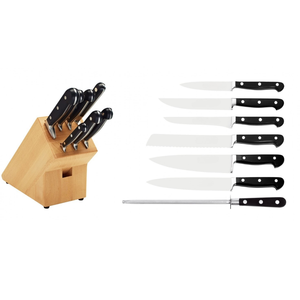 Ensemble de 7 couteaux de cuisine avec lames en acier inoxydable, manches noirs à triple rivet, bloc de rangement en bois et aiguiseur - Product Image 1