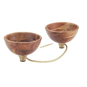 Elegant Wooden Double Bowl <b>Set</b> with Brass Stand Perfect for Serving Snacks or Decorative Use in Home - Product Image 1