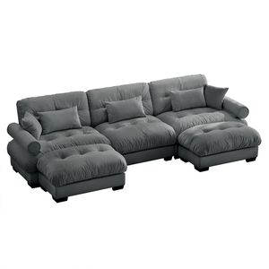 Divano Modulare a U Moderno a 3 Posti con Due Pouf Mobili, Cuscini Lombari e Cuscini Decorativi per Soggiorno - Product Image 6