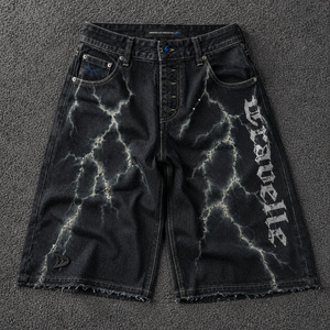 Premium Black Denim Jorts Oversized Y2K Streetwear <b>Shorts</b> with Lightning Wash Print Low MOQ Wholesale - Product Image 1