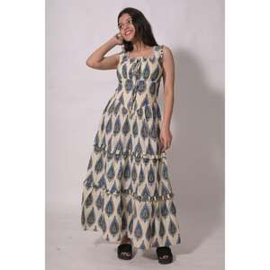 เดรสยาวทรงโบฮีเมียนพิมพ์ลายบล็อกแบบรักษ์โลก ไร้แขน คอตตอนระบายอากาศ เอวยางยืด เหมาะสำหรับใส่หน้าร้อน - Product Image 4