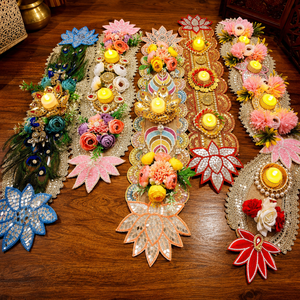 Juego de mantel de lujo para velas de Diwali con cuentas florales de loto y espejo para decoración de bodas, hogar y festivales. - Product Image 3
