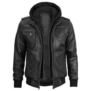 Blouson en cuir de vachette noir OEM 2026 pour homme, avec capuche, col, poches zippées, imperméable, haute qualité, faible MOQ, mode hiver, logo frontal - Product Image 4
