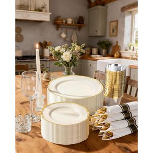 Set di Stoviglie in Plastica Avorio e Oro 350 Pezzi, Decorazioni per Tavola da Festa, Include 50 Piatti Piani, 50 Piattini da Dessert, 50 Bicchieri - Product Image 5