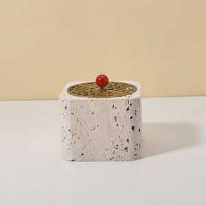 Square Travertine Stone Bakhoor Burner with <b>Red</b> <b>Bead</b> Metal Lid Natural Marble Style Oud Holder for Zen Meditation - Product Image 1