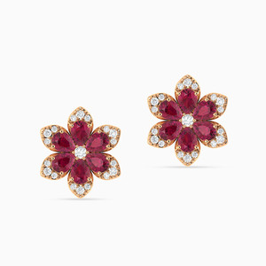 Pendientes de flor en oro rosa con incrustaciones de rubí y diamante de talla brillante redonda, joyería de lujo para fiesta para mujer - Product Image 1