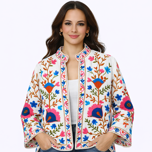 Floral Embroidered Velvet Cotton Bomber <b>Jacket</b> Regular Sleeve Reversible Eco-Friendly Spring Boho Chic Women's Outerwear - Product Image 3