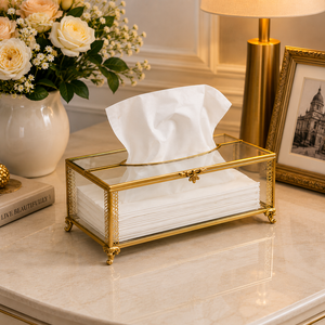 Vintage Glass Tissue <b>Box</b> Holder Decorative Gold Metal Frame Luxury Tissue Case for Home Hotel Bathroom <b>Vanity</b> Table Décor - Product Image 4