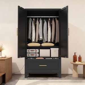 60\" Tall Metal 2-Door <b>Wardrobe</b> Cabinet <b>with</b> 1 <b>Drawer</b> & Hanging Rod Bedroom Office Laundry Closet <b>with</b> <b>Shelf</b> - Product Image 5