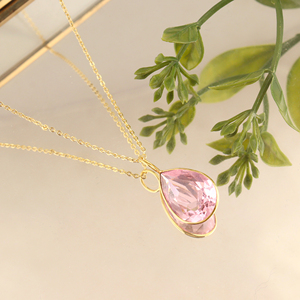 luxury pink quartz rose cut stone pendant handcrafted brass metal chain necklace 18k gold pated bezel setting crystal jewelry - Product Image 2