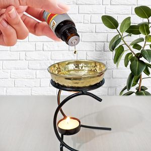 Handmade Brass Bowl Oil Burner with Black Metal Stand and <b>Tealight</b> Candle <b>Holder</b> Decorative Aromatherapy Wax Warmer - Product Image 6
