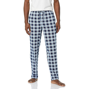 Pantalon de survêtement homme en coton à carreaux bleus, taille mi-élastique avec cordon de serrage, décontracté, léger et respirant, idéal pour l'été et la détente, avec poches - Product Image 2