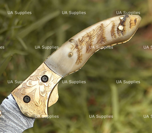 OEM Handmade Industrial Grade Damascus Steel Hunting Knife Clip Point Blade Ram Horn Brass Frame Foldable Pocket Knife Leather - Product Image 4
