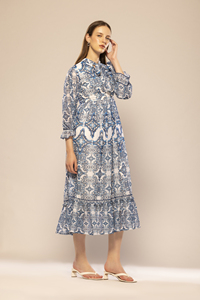 Vestido Largo Azul Estampado de Manga Larga, Diseño de Moda, Vestido Casual de Fiesta para Mujer, Disponible a Precio de Mayoreo - Product Image 3