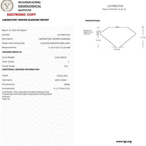 Diamante Cultivado en Laboratorio con Corte Cojín de 5.06ct, Color F, Claridad VS2, Certificado por IGI para Joyería - Product Image 3