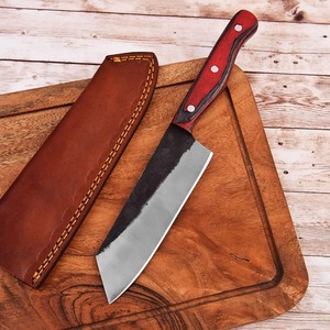 Cuchillo de Chef de Acero Inoxidable Estilo Japonés Forjado a Mano con Mango de Madera Pakka y Funda de Cuero, Espiga Completa, OEM Personalizado - Product Image 1
