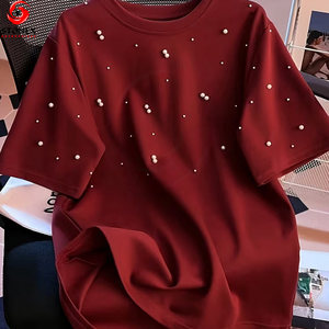Camiseta de Mujer con Cuentas de Perlas, Talla Grande, Manga Corta, Cuello Redondo, Estilo Casual, Color Personalizado, Logotipo Personalizado, Talla Personalizada, Venta al Por Mayor - Product Image 2