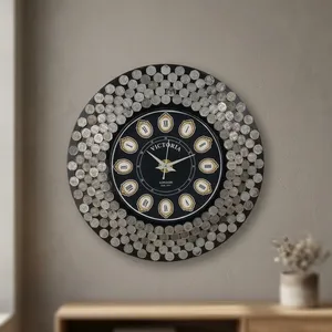 Victoria Handcrafted Wood Wall <b>Clock</b> Analog Quartz for Design <b>Battery</b> Operated Round Black Coin Pattern Huda Handicrafts - Product Image 1