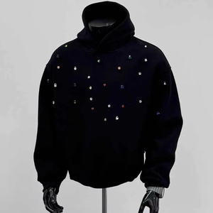 Sweat-shirt à capuche noir pour homme, orné de strass, coupe ample, en coton French Terry, pour l'automne - Product Image 2