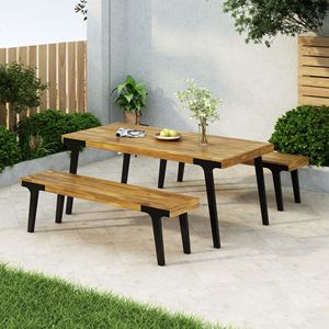 1 Dining <b>Table</b> and 2 Dining <b>Benches</b> <b>Set</b> for Garden Decor - Product Image 4