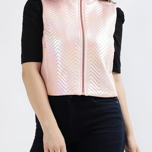Chaleco Acolchado Rosa para Mujer, Sin Mangas, con Cierre de Cremallera, Patrón Geométrico, Ropa Exterior Informal, Largo Regular, Exterior de Poliéster - Product Image 1