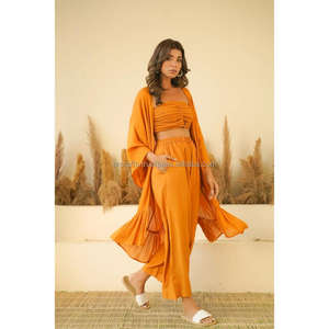 Women Mustard Yellow Gothic Floral Paisley Piece Co Ord Set Ruched Tube Crop <b>Top</b> Palazzo Pants Shrug Summer Resort Wear Outfit - Product Image 4