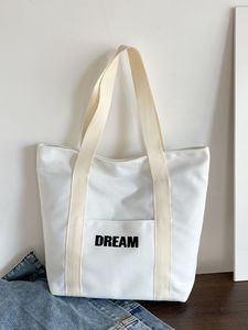 Reliable Source <b>Cream</b> White Canvas Tote <b>Bag</b> For Women Simple Green Letter Print Shopping School Office Travel <b>Shoulder</b> Carryall - Product Image 4