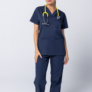Women's Navy Blue Medical <b>Scrub</b> <b>Top</b> V Neck Short Sleeve Nursing Uniform Healthcare Workwear with Multi Pockets OEM ODM - Product Image 6