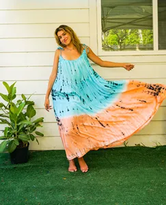 Women’s Bohemian Rayon Tie Dye Maxi Dress Sleeveless <b>Spaghetti</b> <b>Strap</b> Flowy Loose Fit Beach Vacation Dress - Product Image 1