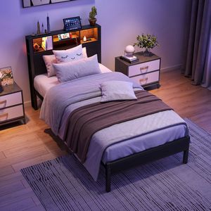 <b>Twin</b> Size Metal <b>Bed</b> <b>Frame</b> with Storage Headboard Charging Station & Bookcase No Box Spring Needed - Product Image 2