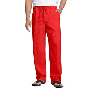 Pantalon décontracté pour homme en lin/coton beige, plissé devant, fermeture à cordon, léger, respirant, pantalon d'été avec poches latérales - Product Image 5