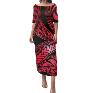 Conjunto de 2 Piezas, Vestido Puletasi Samoano, Estampado Polinesio Tradicional, Vestidos de Sirena con Hombros Descubiertos y Media Manga para Mujer - Product Image 5