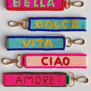 Colorful Italian Ciao Bella Dolce Vita Amore Embroidery Rectangular Seed Bead Keychain Handmade Gold Clasp Boho Style <b>Bag</b> <b>Charms</b> - Product Image 4
