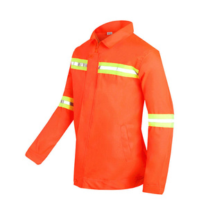 Unisex Orange Breathable Cotton High Visibility Workwear <b>Jacket</b> and Pants Set with Reflective Stripes for Safety Use - Product Image 4
