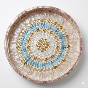 Plateau de service rond en nacre MOP, fait main, luxueux, avec incrustation de coquillages naturels bleus et blancs, décoratif. - Product Image 2