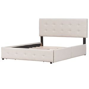 Letto Classico Queen Size Imbottito Beige con Testiera e 4 Cassetti, Non Richiede Rete a Doghe, Tessuto in Lino (Vecchio SKU LP) - Product Image 5